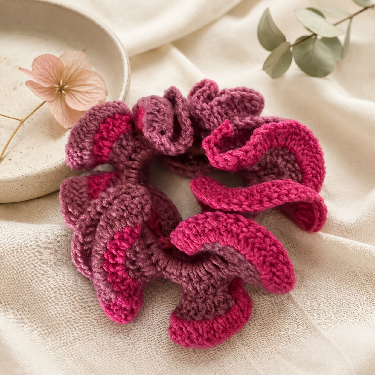 Fuchsia Bloom Crochet Scrunchie